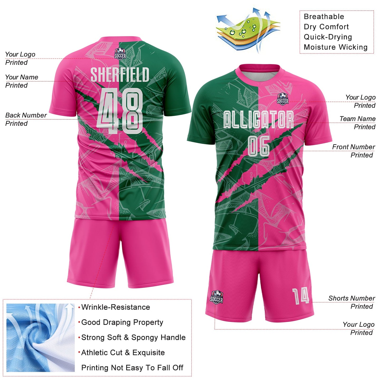 Custom Graffiti Pattern Kelly Green-Pink Scratch Sublimation Soccer Uniform Jersey - Sky-Custom