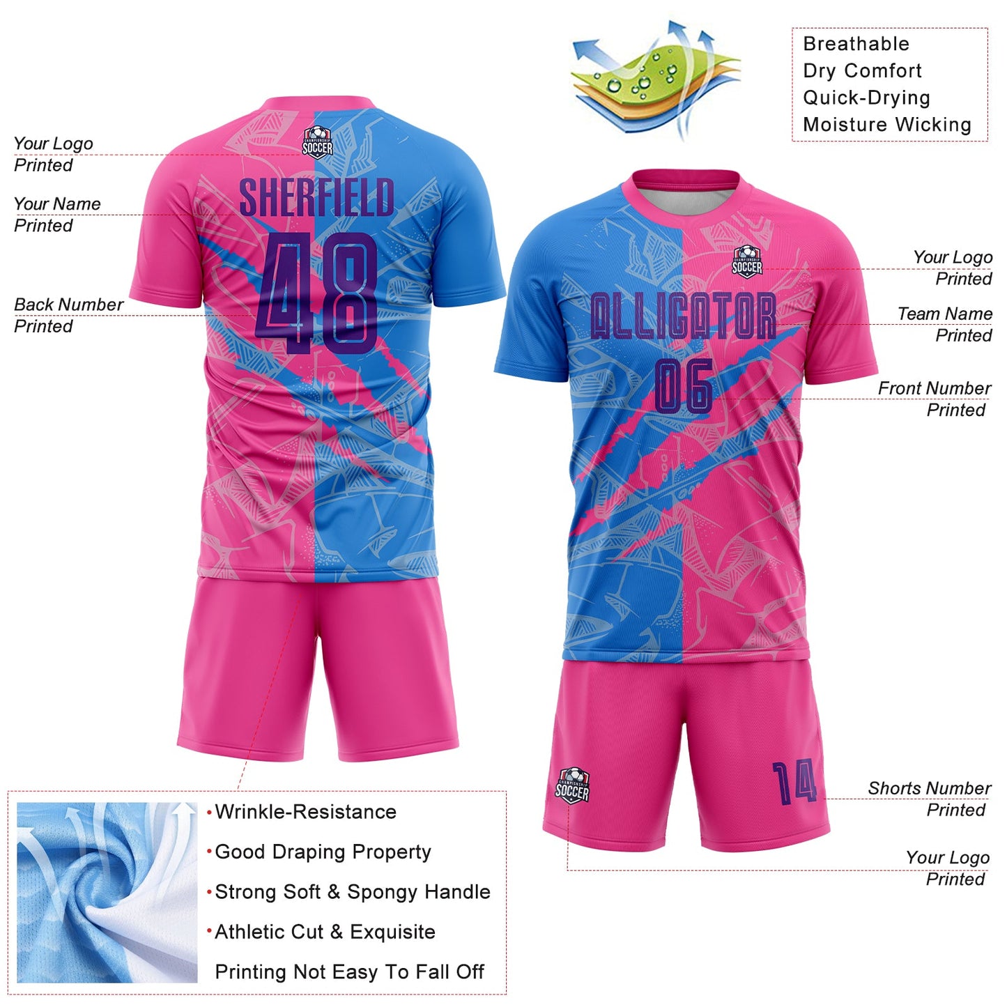 Custom Graffiti Pattern Purple Powder Blue-Pink Scratch Sublimation Soccer Uniform Jersey - Sky-Custom