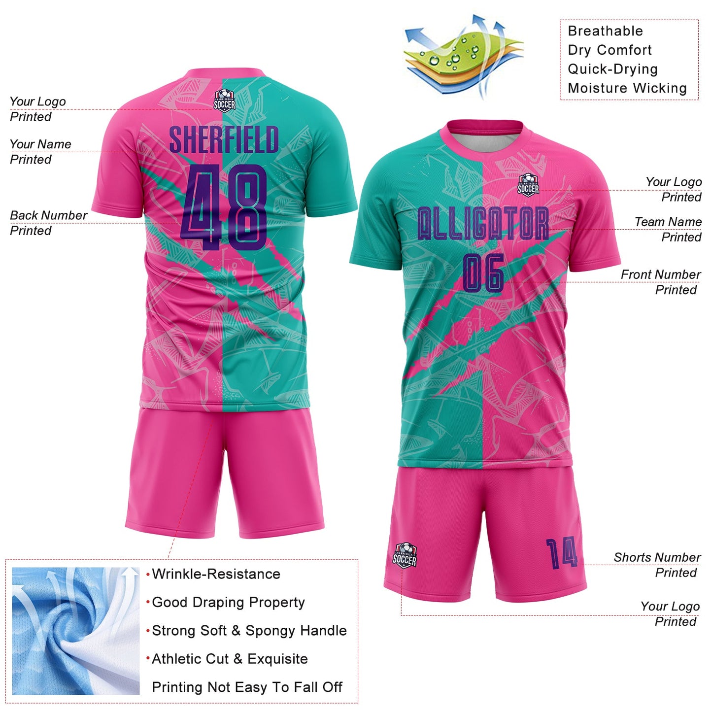 Custom Graffiti Pattern Purple Teal-Pink Scratch Sublimation Soccer Uniform Jersey - Sky-Custom
