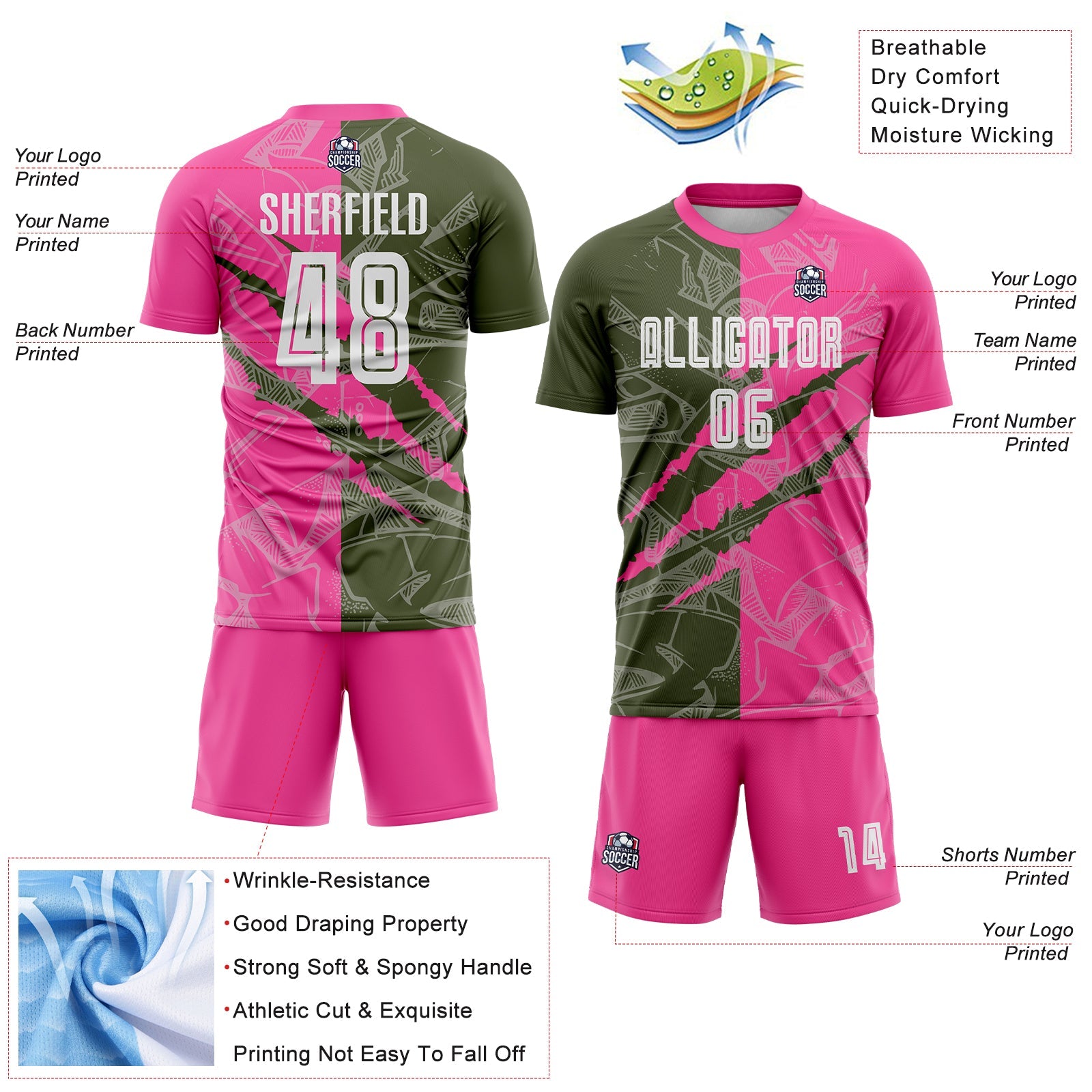 Custom Graffiti Pattern Olive-Pink Scratch Sublimation Soccer Uniform Jersey - Sky-Custom