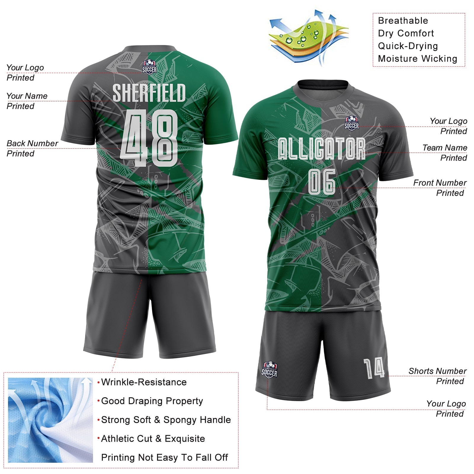 Custom Graffiti Pattern Kelly Green-Steel Gray Scratch Sublimation Soccer Uniform Jersey - Sky-Custom