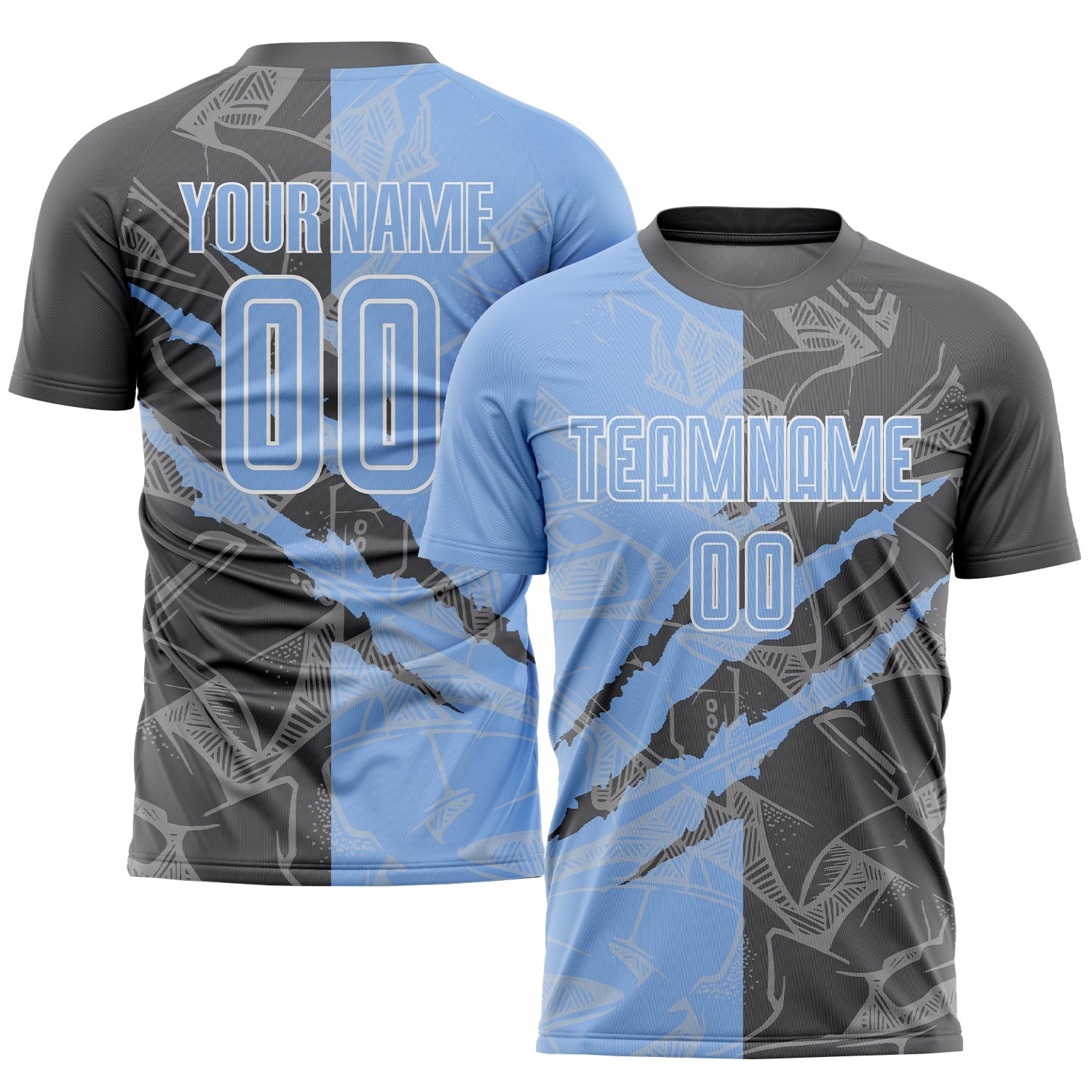 Custom Graffiti Pattern Light Blue-Steel Gray Scratch Sublimation Soccer Uniform Jersey - Sky-Custom