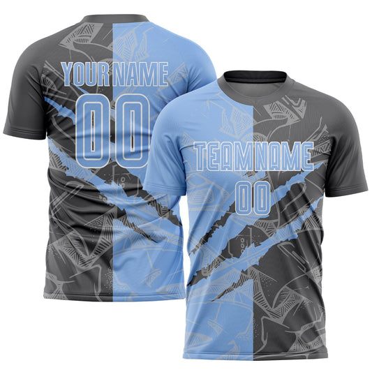 Custom Graffiti Pattern Light Blue-Steel Gray Scratch Sublimation Soccer Uniform Jersey - Sky-Custom