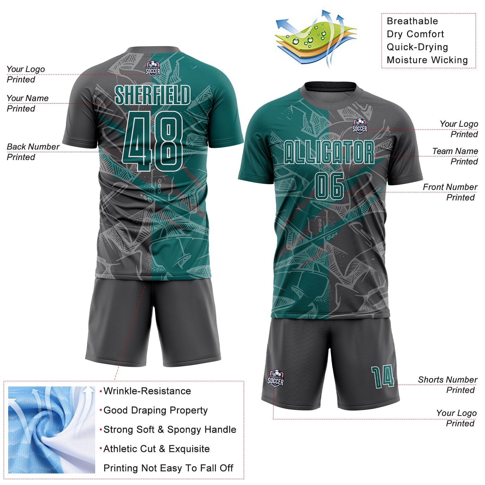 Custom Graffiti Pattern Teal-Steel Gray Scratch Sublimation Soccer Uniform Jersey - Sky-Custom