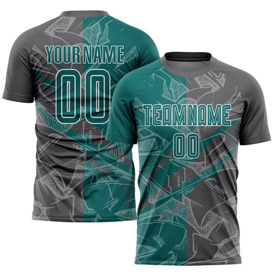 Custom Graffiti Pattern Teal-Steel Gray Scratch Sublimation Soccer Uniform Jersey - Sky-Custom