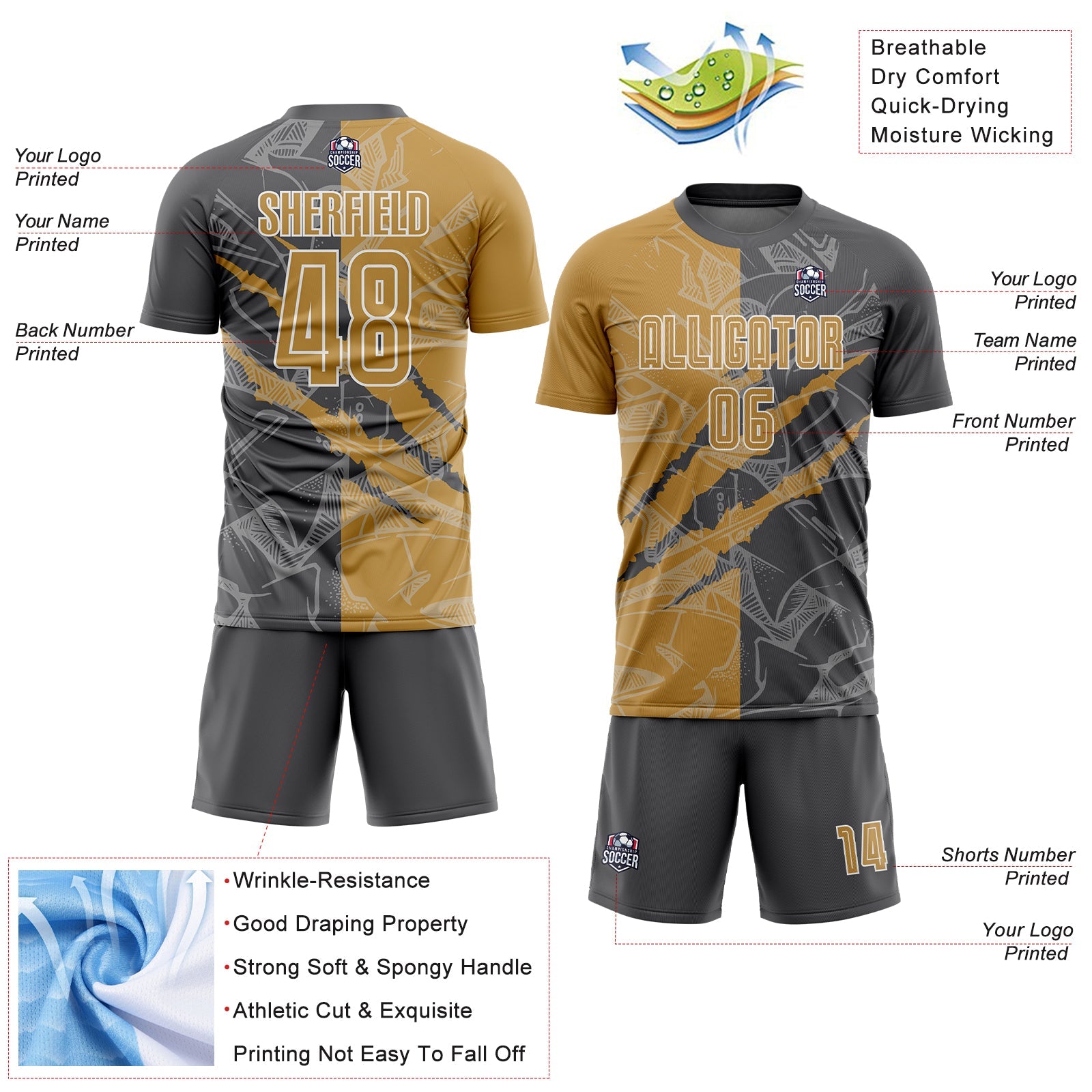 Custom Graffiti Pattern Old Gold-Steel Gray Scratch Sublimation Soccer Uniform Jersey - Sky-Custom