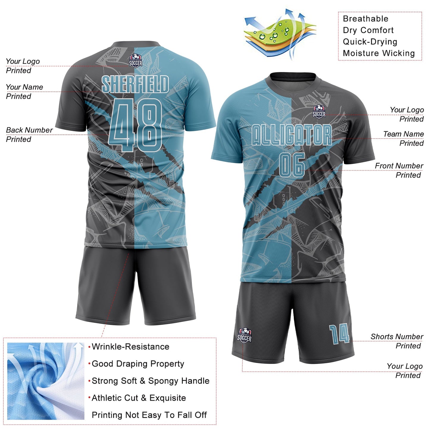 Custom Graffiti Pattern Shadow Blue-Steel Gray Scratch Sublimation Soccer Uniform Jersey - Sky-Custom