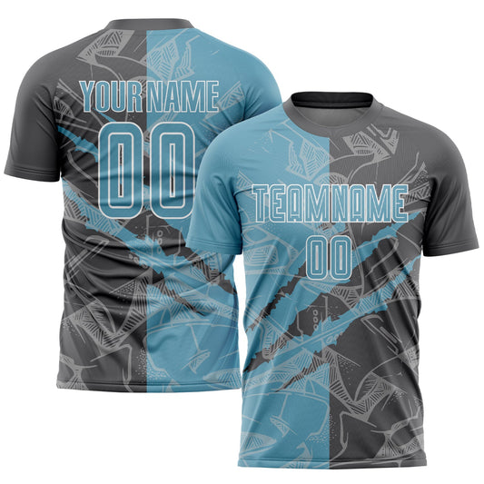 Custom Graffiti Pattern Shadow Blue-Steel Gray Scratch Sublimation Soccer Uniform Jersey - Sky-Custom