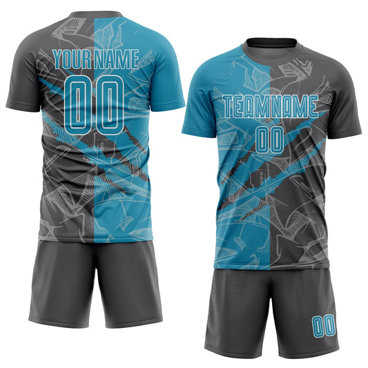 Custom Graffiti Pattern Panther Blue-Steel Gray Scratch Sublimation Soccer Uniform Jersey - Sky-Custom