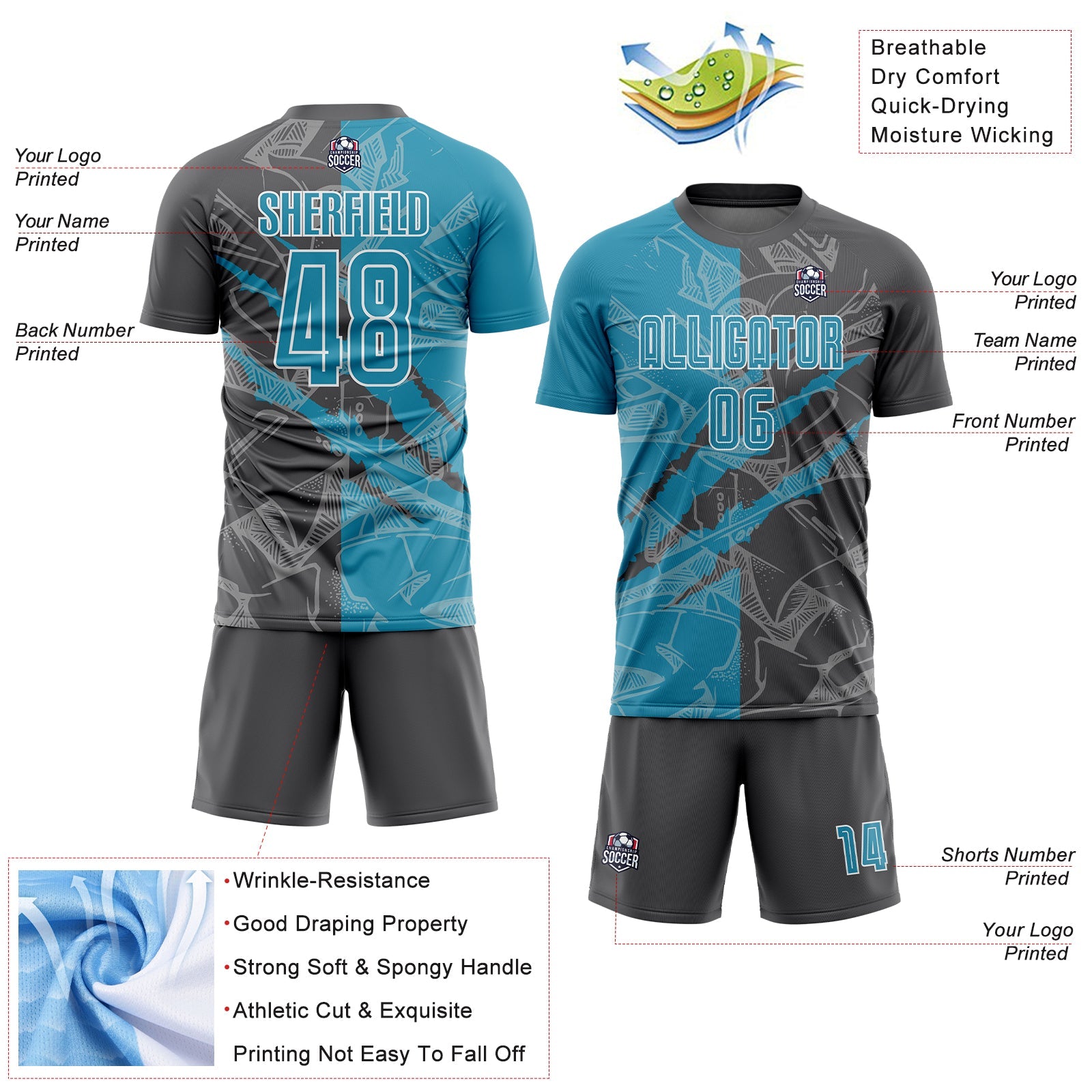 Custom Graffiti Pattern Panther Blue-Steel Gray Scratch Sublimation Soccer Uniform Jersey - Sky-Custom