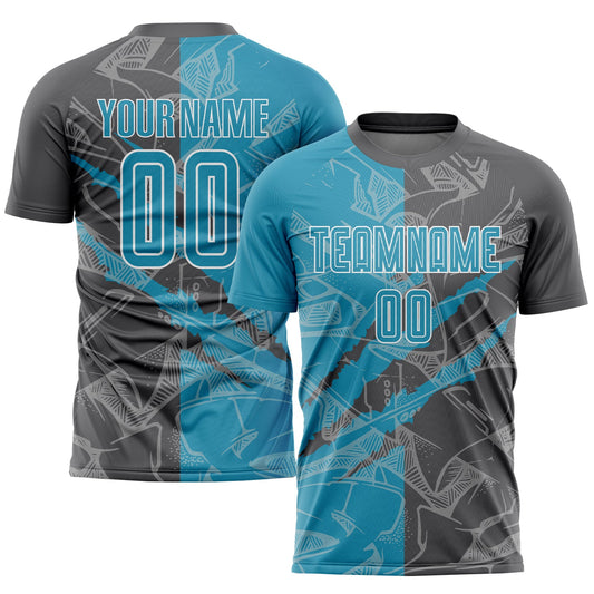 Custom Graffiti Pattern Panther Blue-Steel Gray Scratch Sublimation Soccer Uniform Jersey - Sky-Custom