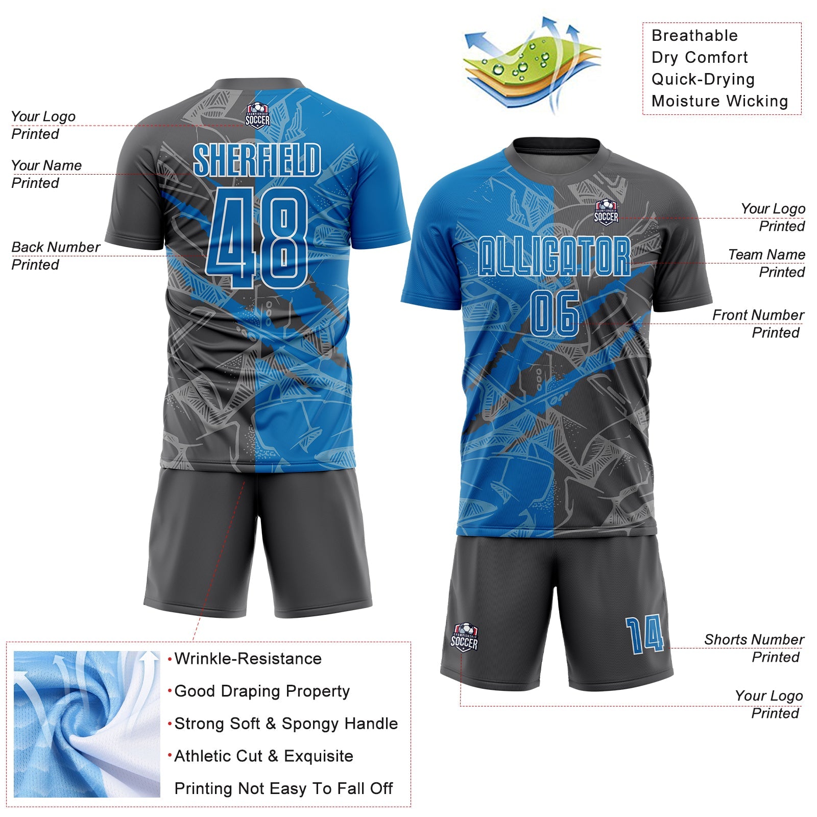 Custom Graffiti Pattern Blue-Steel Gray Scratch Sublimation Soccer Uniform Jersey - Sky-Custom