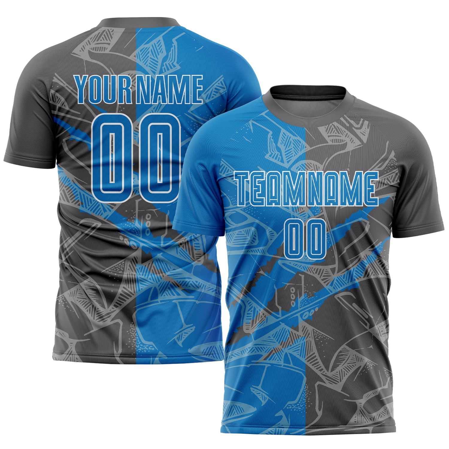 Custom Graffiti Pattern Blue-Steel Gray Scratch Sublimation Soccer Uniform Jersey - Sky-Custom