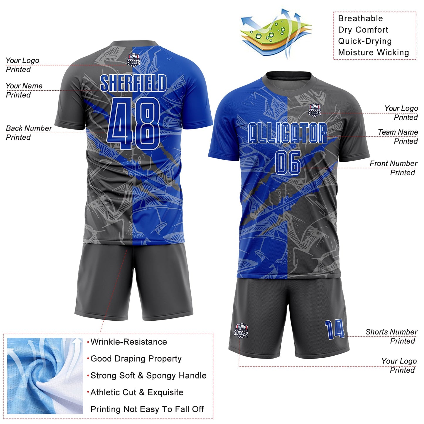 Custom Graffiti Pattern Thunder Blue-Steel Gray Scratch Sublimation Soccer Uniform Jersey - Sky-Custom