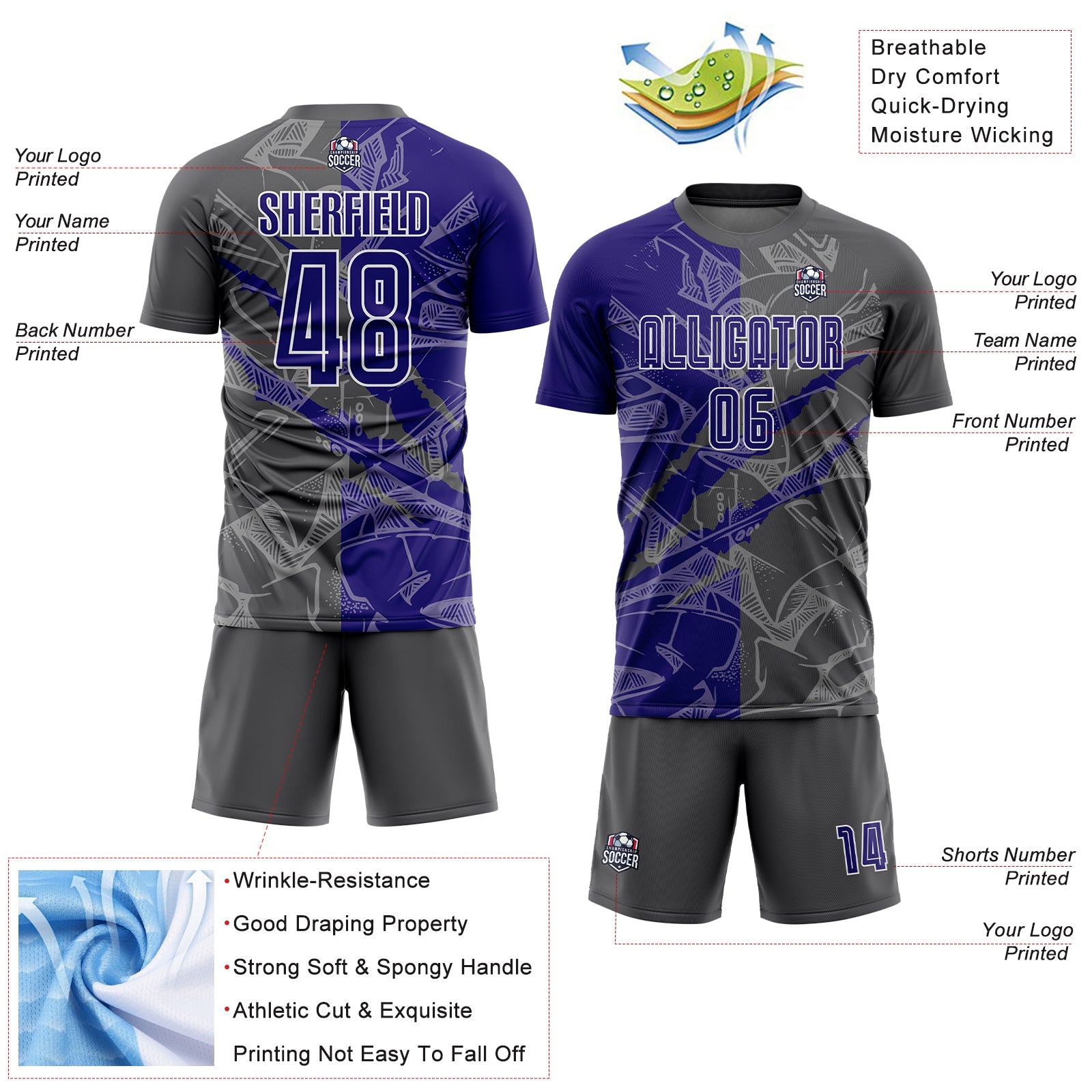 Custom Graffiti Pattern Dark Purple-Steel Gray Scratch Sublimation Soccer Uniform Jersey - Sky-Custom