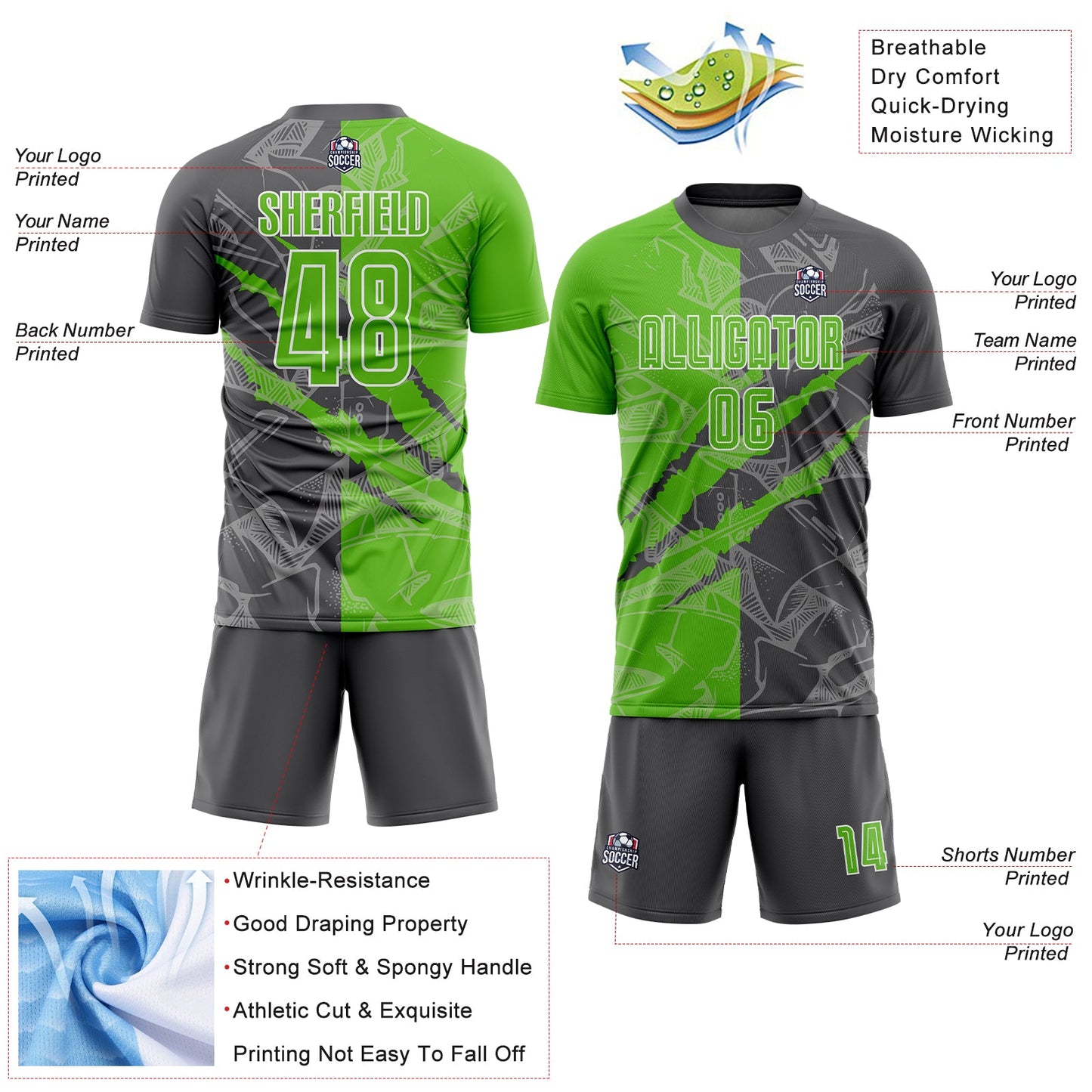 Custom Graffiti Pattern Aurora Green-Steel Gray Scratch Sublimation Soccer Uniform Jersey - Sky-Custom