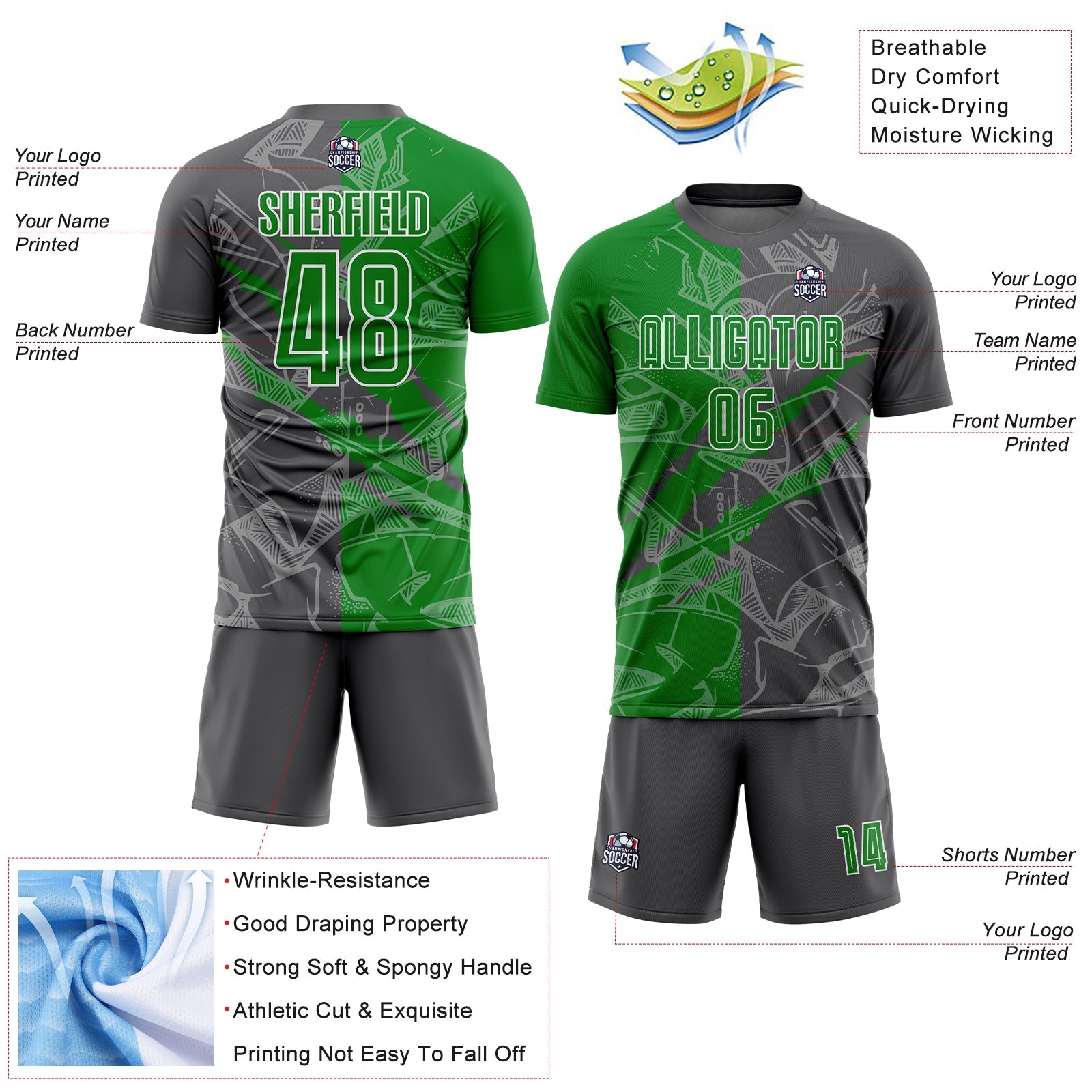 Custom Graffiti Pattern Grass Green-Steel Gray Scratch Sublimation Soccer Uniform Jersey - Sky-Custom