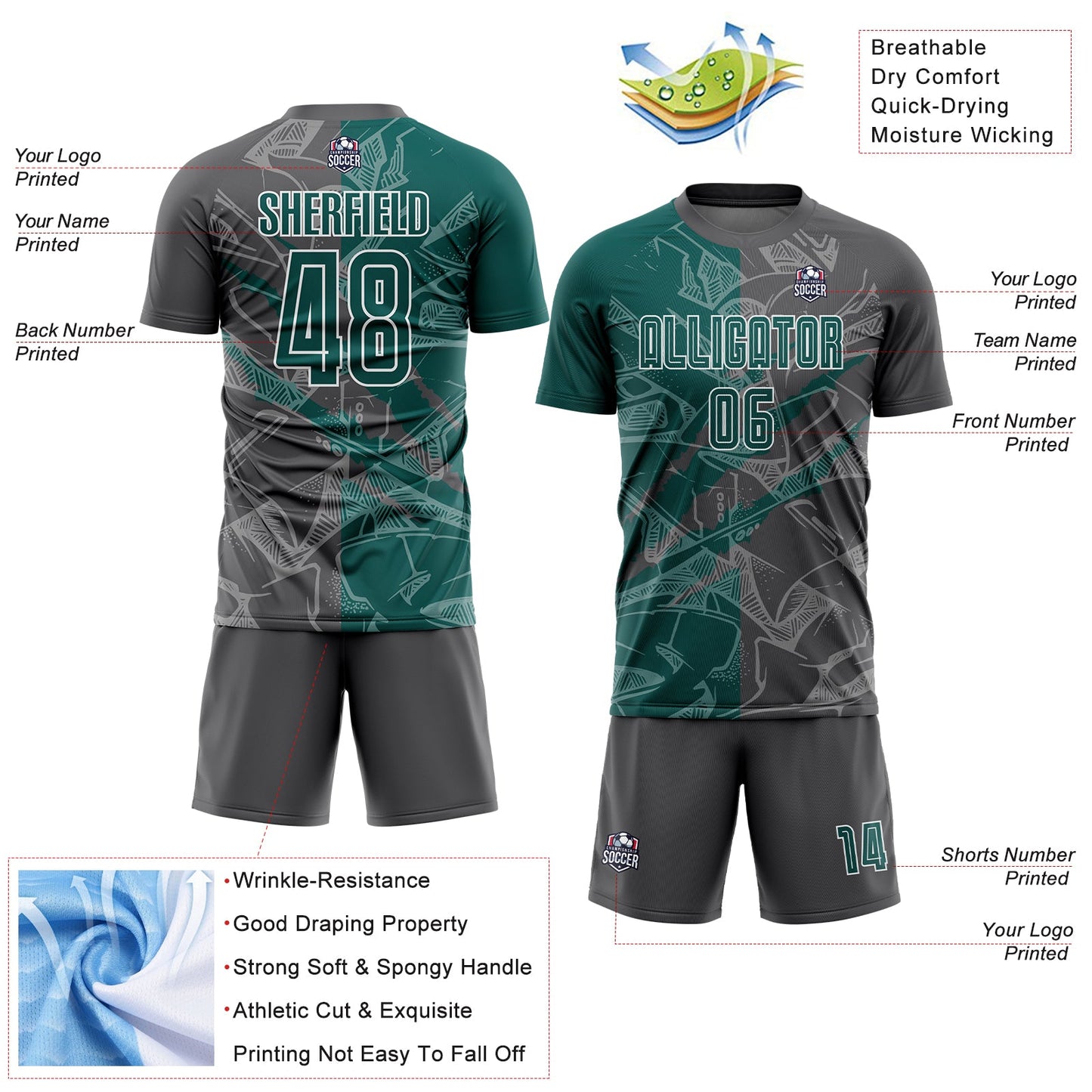 Custom Graffiti Pattern Midnight Green-Steel Gray Scratch Sublimation Soccer Uniform Jersey - Sky-Custom