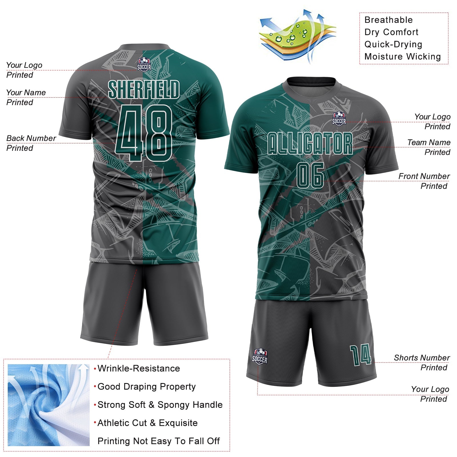 Custom Graffiti Pattern Midnight Green-Steel Gray Scratch Sublimation Soccer Uniform Jersey - Sky-Custom