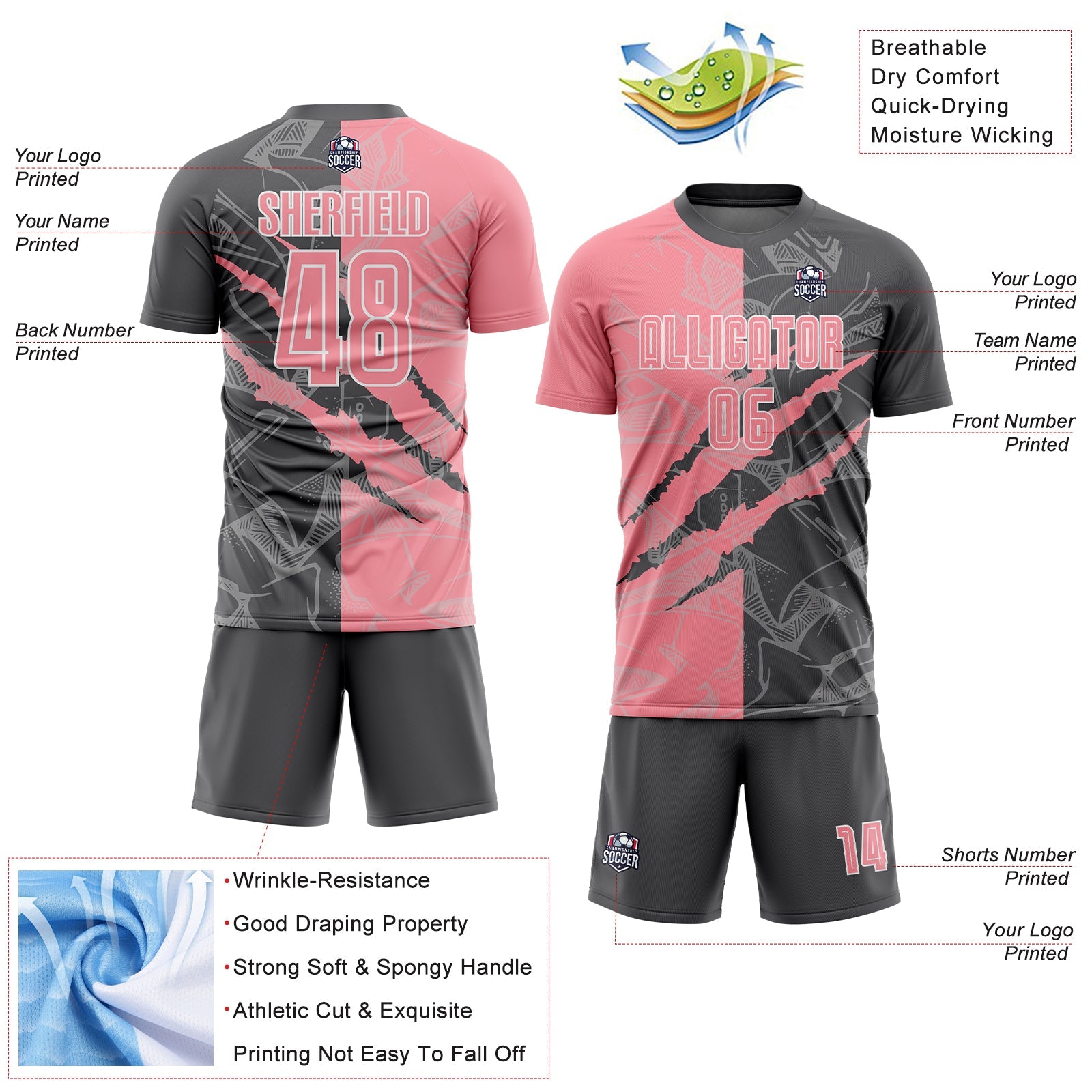 Custom Graffiti Pattern Medium Pink-Steel Gray Scratch Sublimation Soccer Uniform Jersey - Sky-Custom