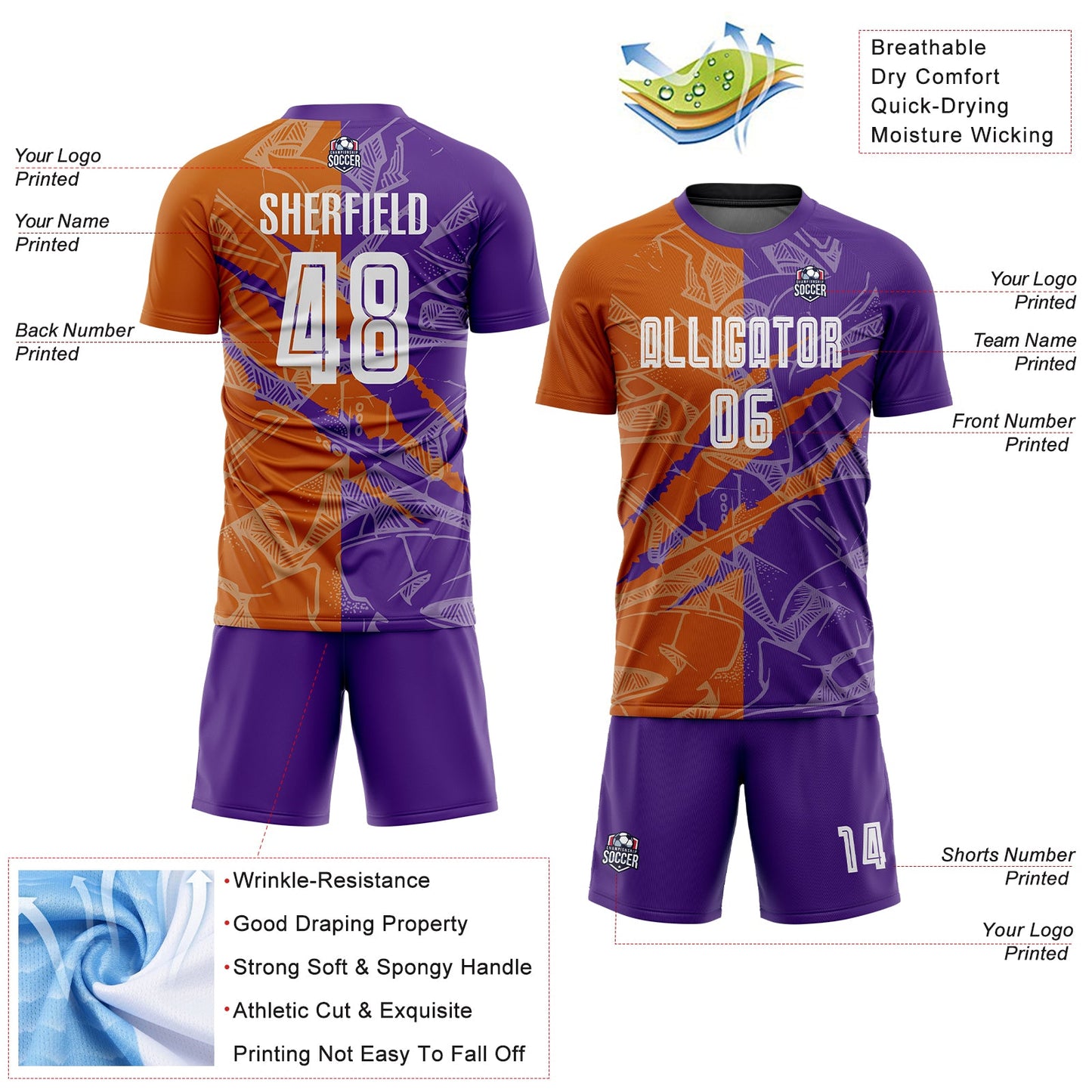 Custom Graffiti Pattern Texas Orange-Purple Scratch Sublimation Soccer Uniform Jersey - Sky-Custom