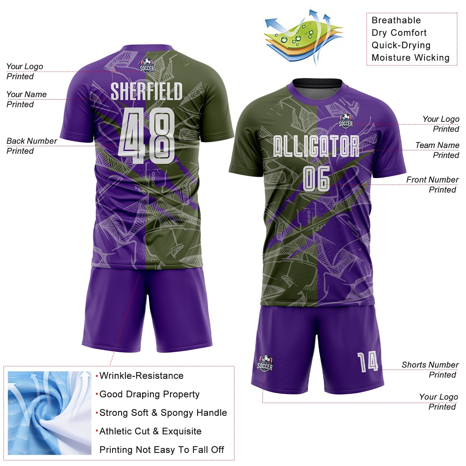 Custom Graffiti Pattern Olive-Purple Scratch Sublimation Soccer Uniform Jersey - Sky-Custom
