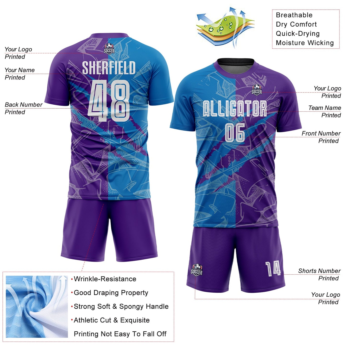 Custom Graffiti Pattern Blue-Purple Scratch Sublimation Soccer Uniform Jersey - Sky-Custom