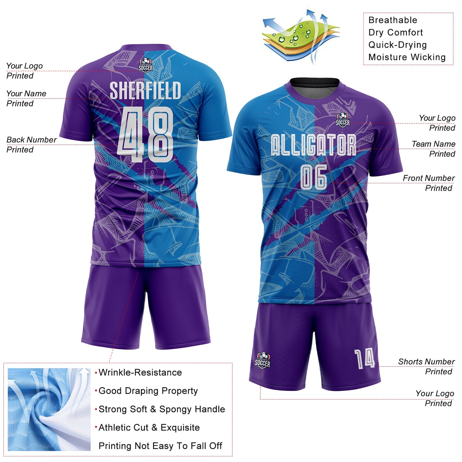 Custom Graffiti Pattern Blue-Purple Scratch Sublimation Soccer Uniform Jersey - Sky-Custom