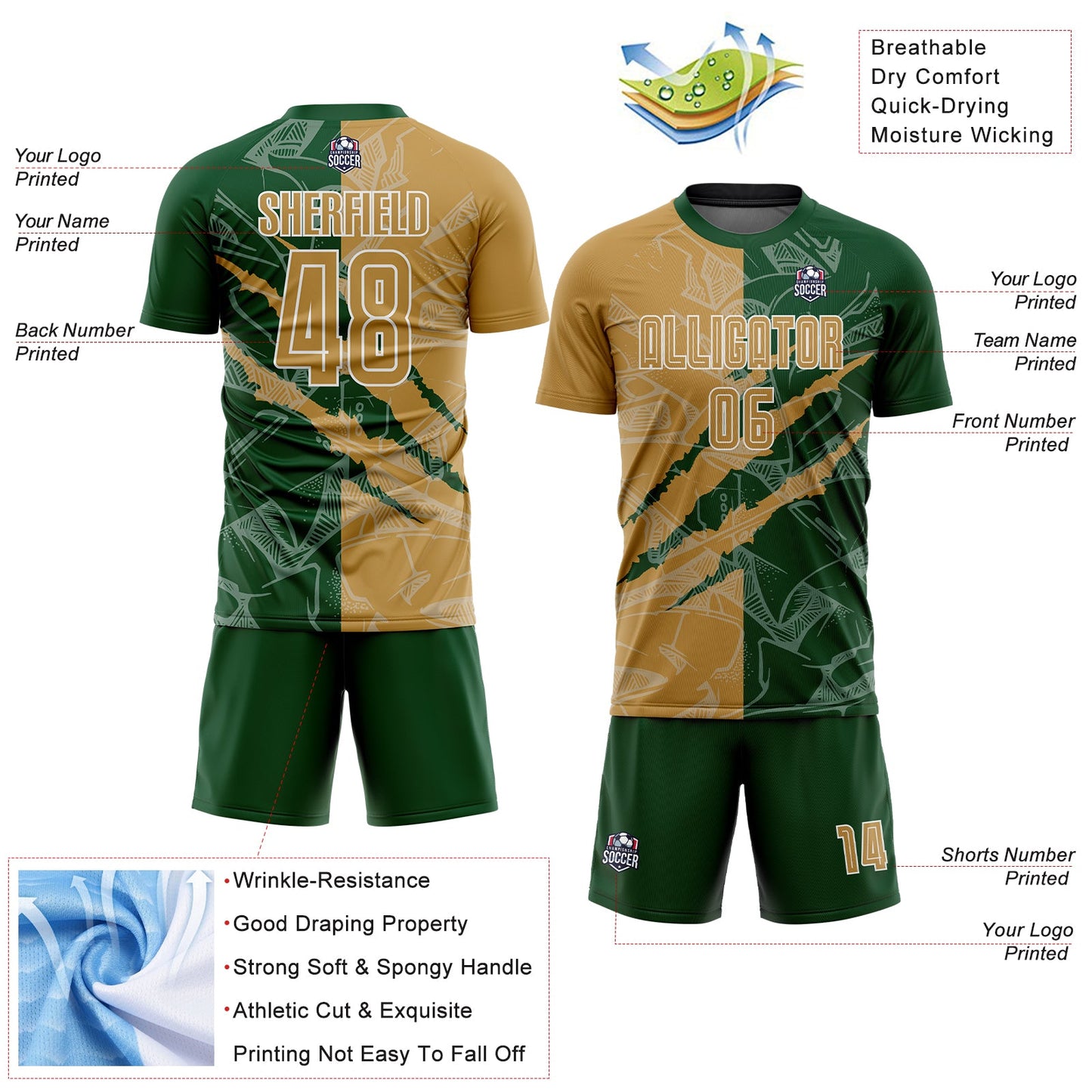 Custom Graffiti Pattern Old Gold-Green Scratch Sublimation Soccer Uniform Jersey - Sky-Custom