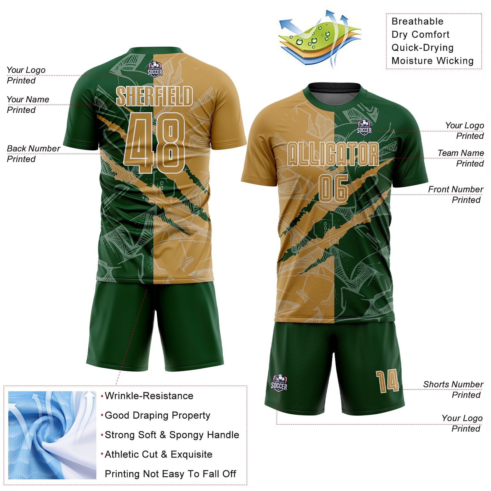 Custom Graffiti Pattern Old Gold-Green Scratch Sublimation Soccer Uniform Jersey - Sky-Custom