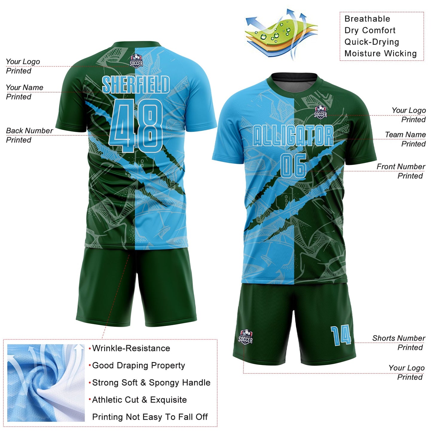 Custom Graffiti Pattern Sky Blue-Green Scratch Sublimation Soccer Uniform Jersey - Sky-Custom
