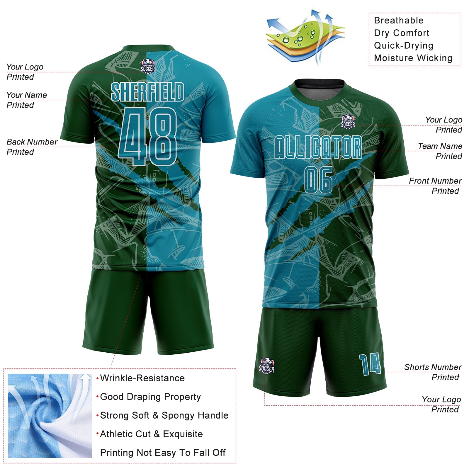 Custom Graffiti Pattern Teal-Green Scratch Sublimation Soccer Uniform Jersey - Sky-Custom