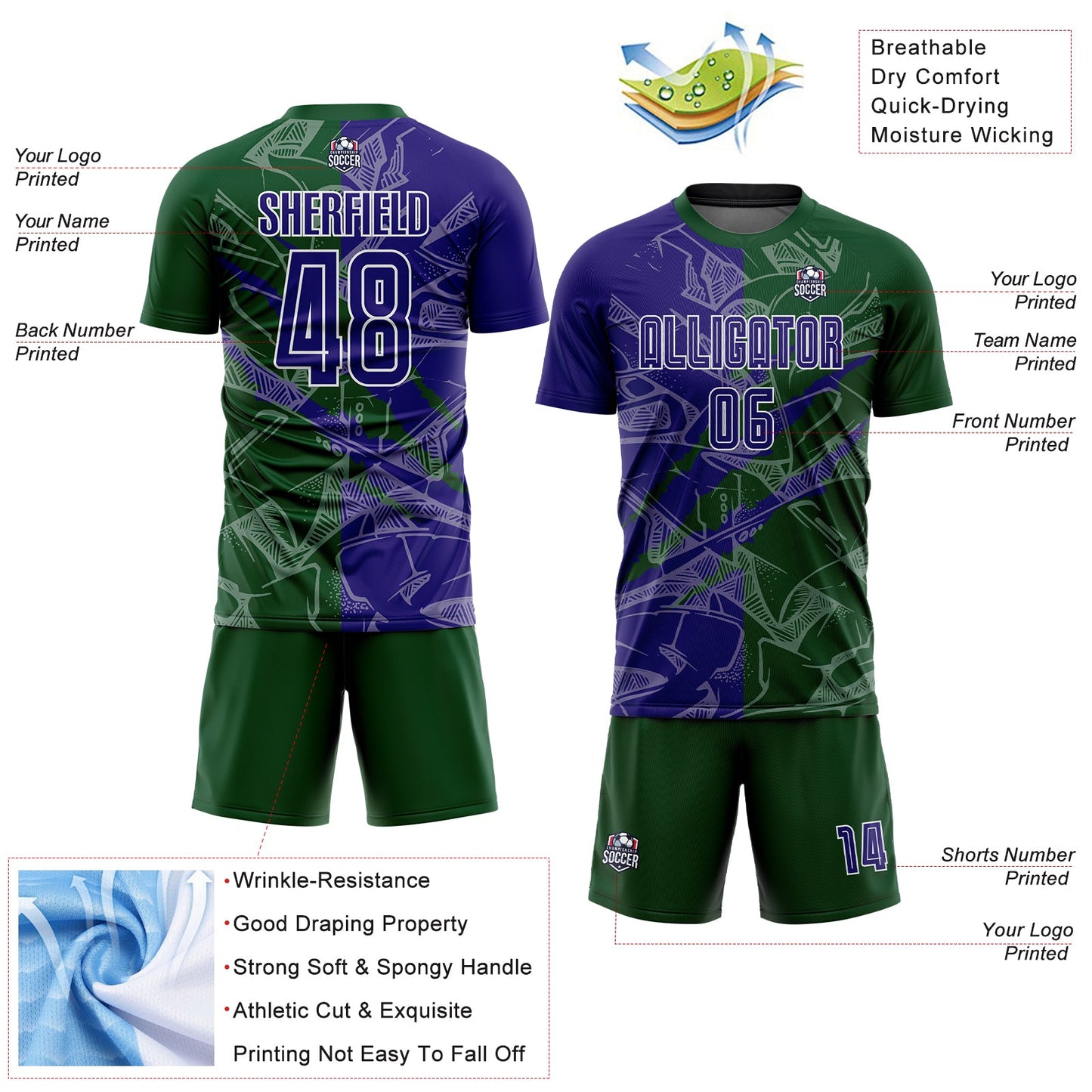 Custom Graffiti Pattern Dark Purple-Green Scratch Sublimation Soccer Uniform Jersey - Sky-Custom