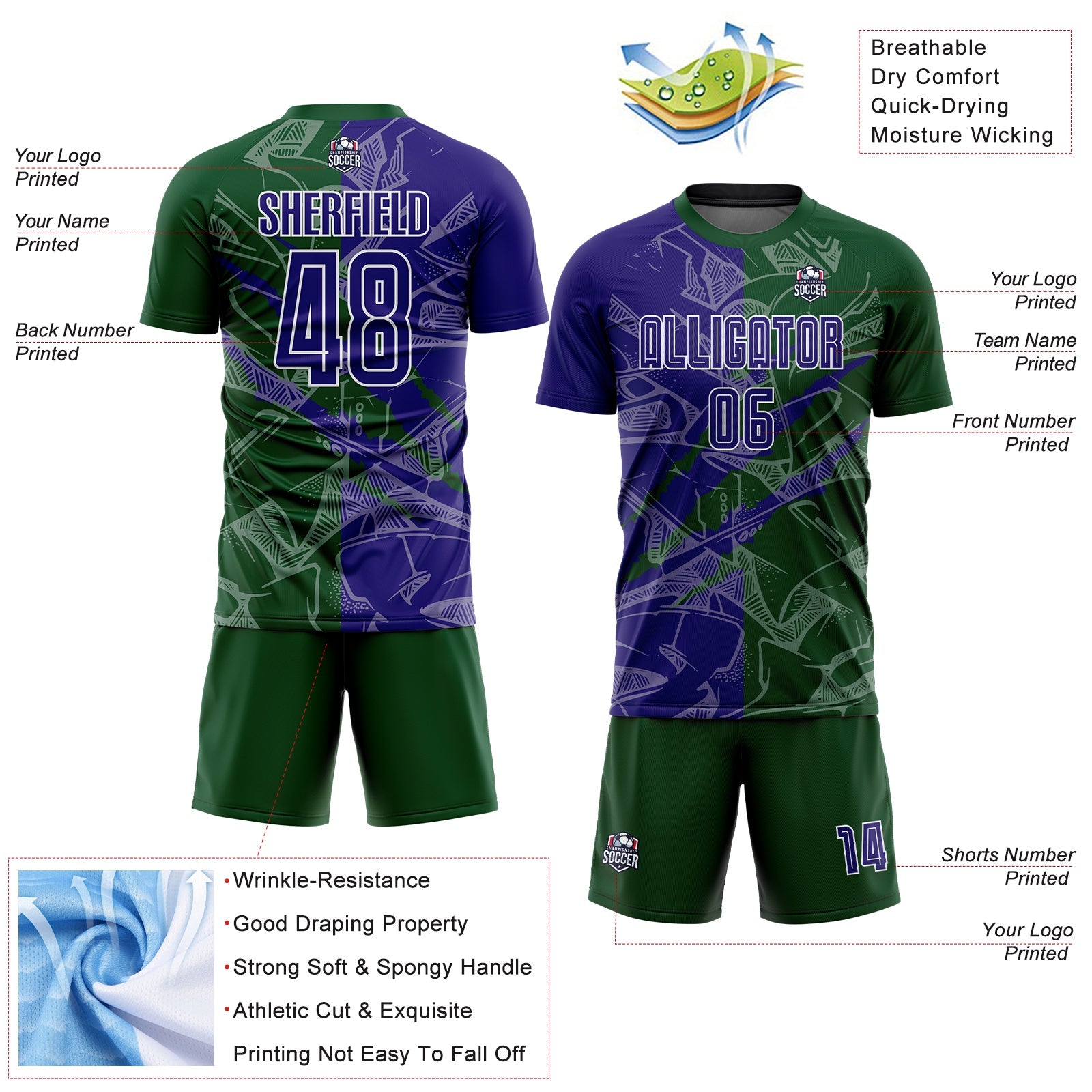 Custom Graffiti Pattern Dark Purple-Green Scratch Sublimation Soccer Uniform Jersey - Sky-Custom