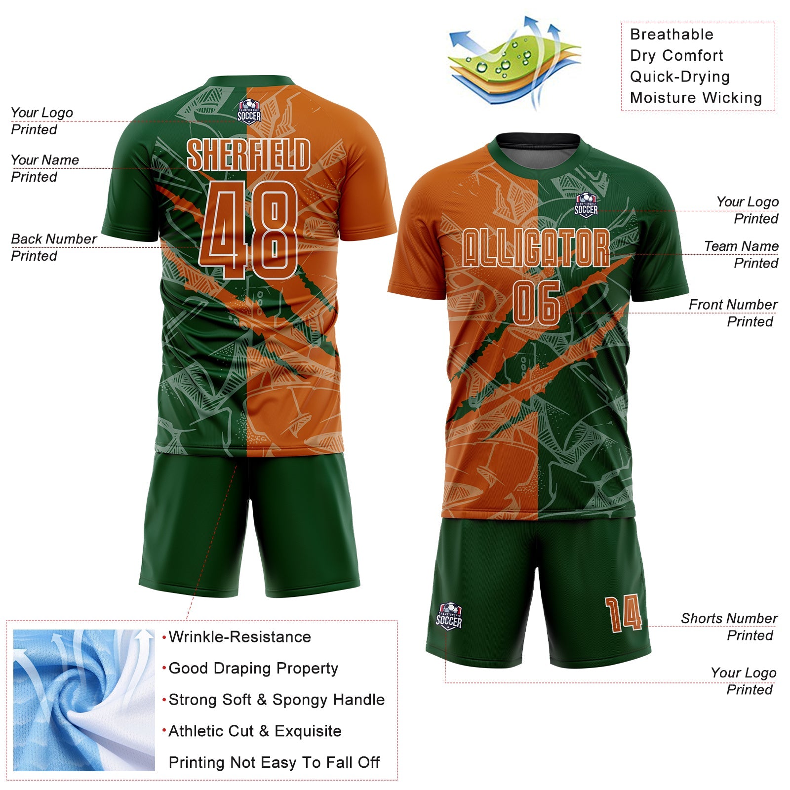 Custom Graffiti Pattern Texas Orange-Green Scratch Sublimation Soccer Uniform Jersey - Sky-Custom