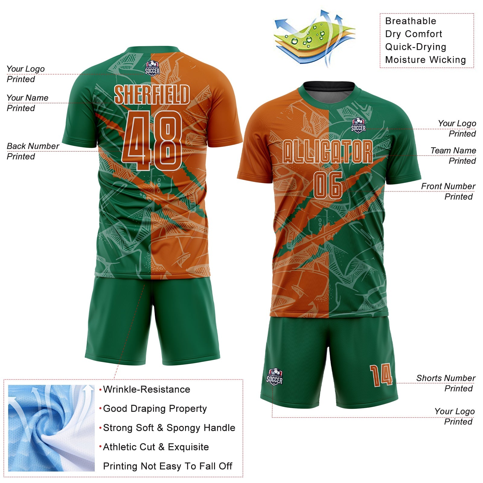 Custom Graffiti Pattern Texas Orange-Kelly Green Scratch Sublimation Soccer Uniform Jersey - Sky-Custom