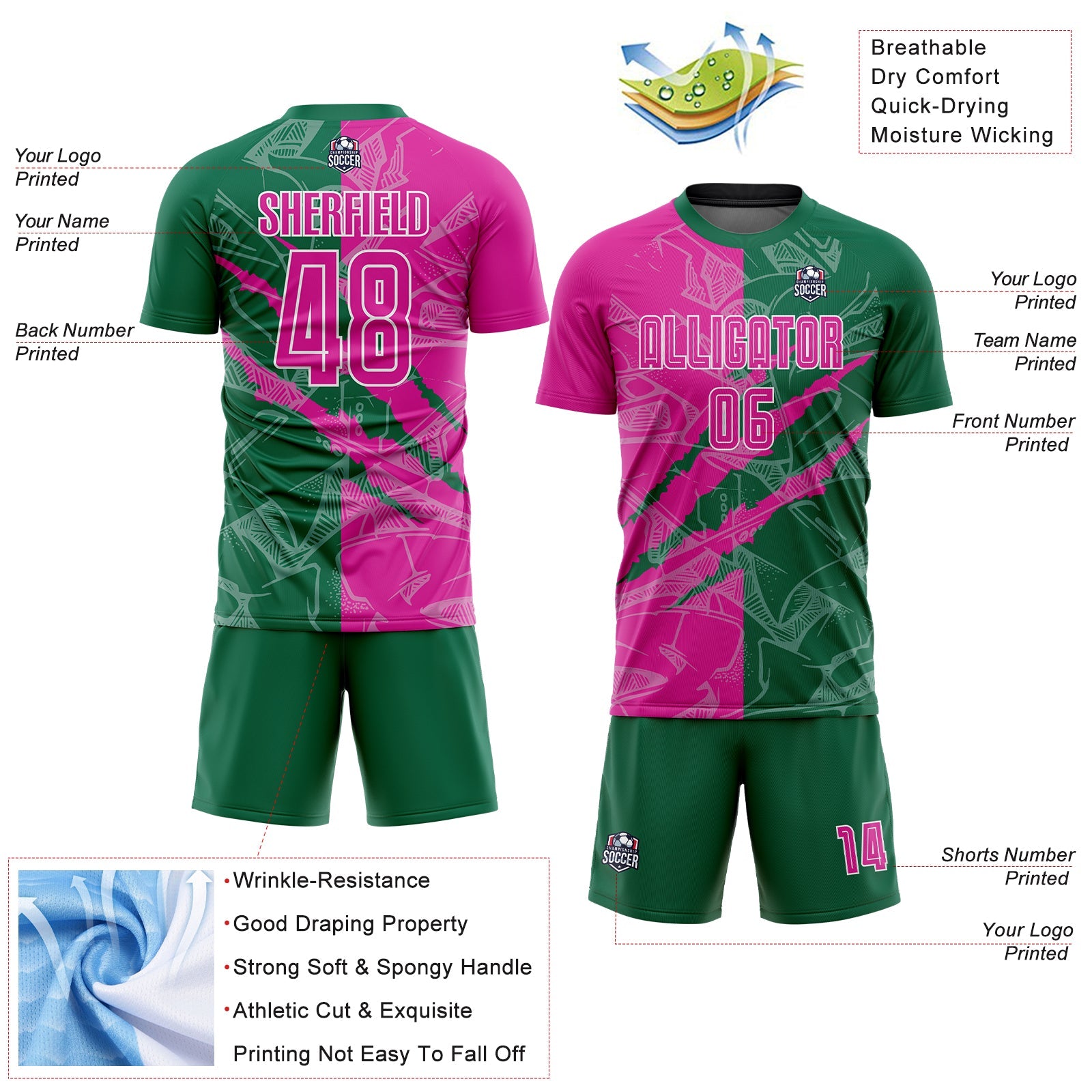 Custom Graffiti Pattern Deep Pink-Kelly Green Scratch Sublimation Soccer Uniform Jersey - Sky-Custom