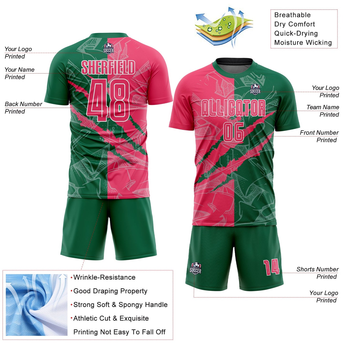 Custom Graffiti Pattern Neon Pink-Kelly Green Scratch Sublimation Soccer Uniform Jersey - Sky-Custom