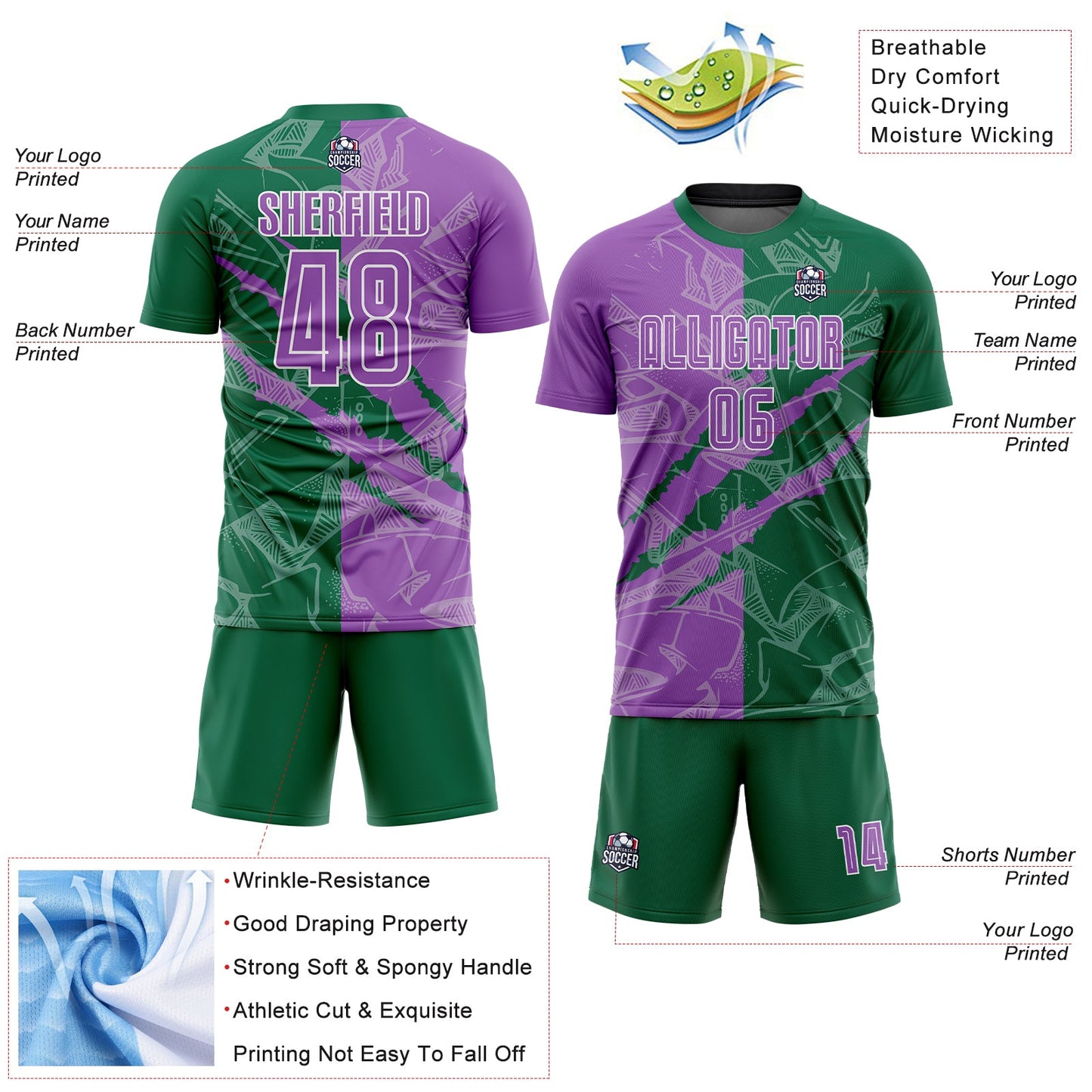 Custom Graffiti Pattern Medium Purple-Kelly Green Scratch Sublimation Soccer Uniform Jersey - Sky-Custom