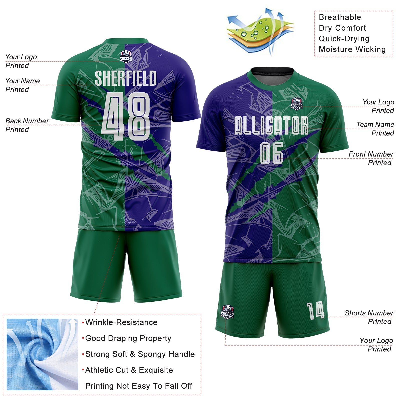 Custom Graffiti Pattern Dark Purple-Kelly Green Scratch Sublimation Soccer Uniform Jersey - Sky-Custom
