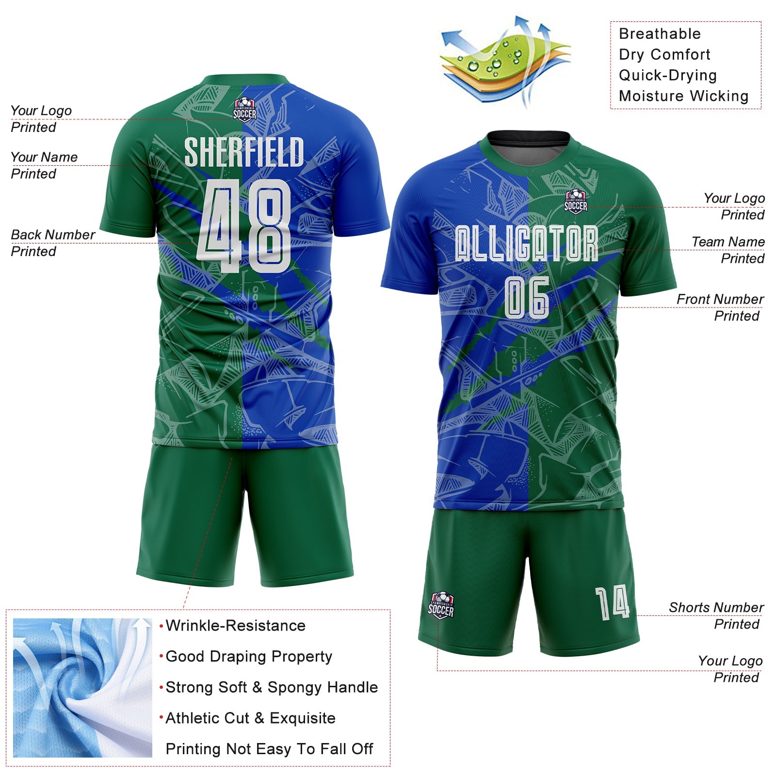 Custom Graffiti Pattern Thunder Blue-Kelly Green Scratch Sublimation Soccer Uniform Jersey - Sky-Custom