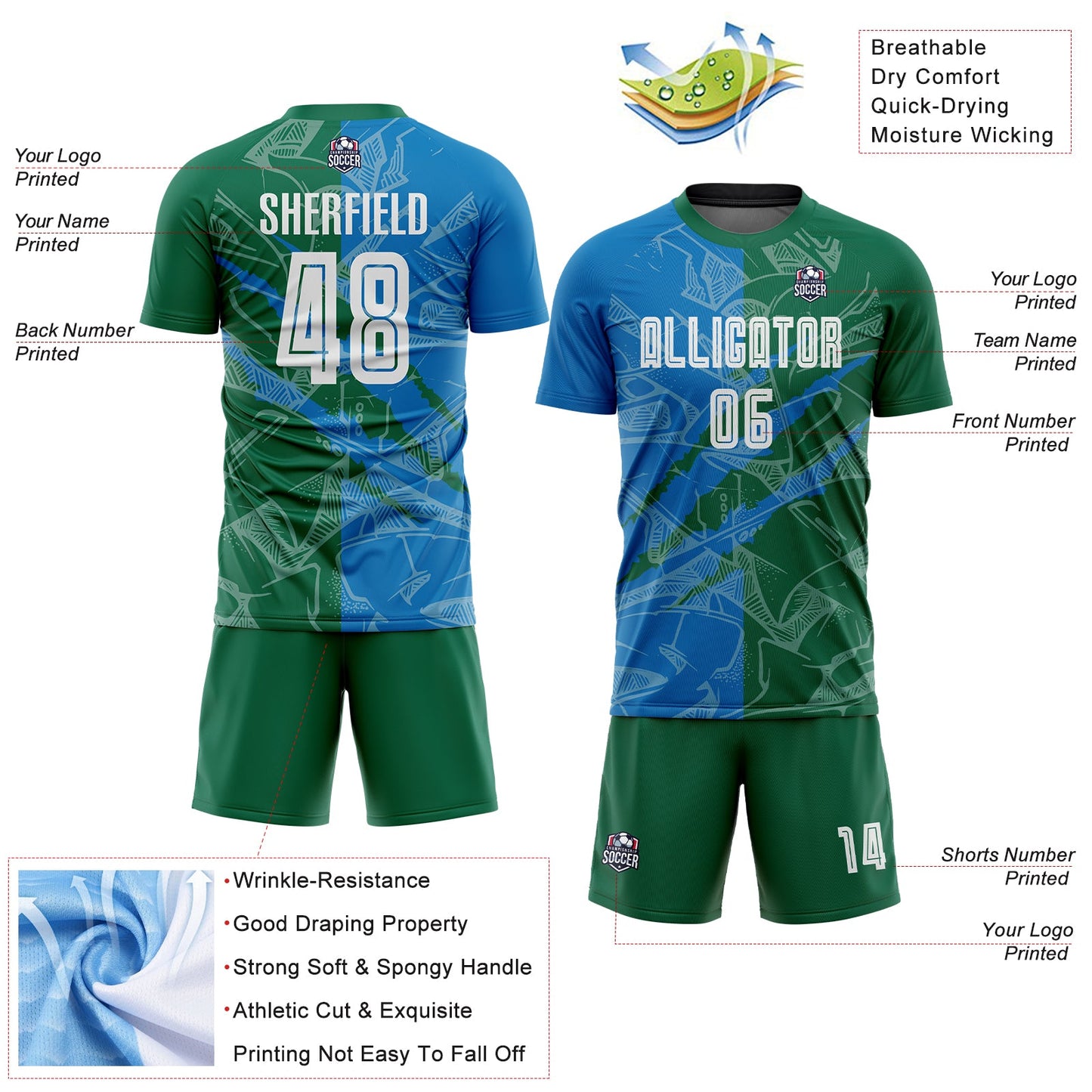Custom Graffiti Pattern Blue-Kelly Green Scratch Sublimation Soccer Uniform Jersey - Sky-Custom