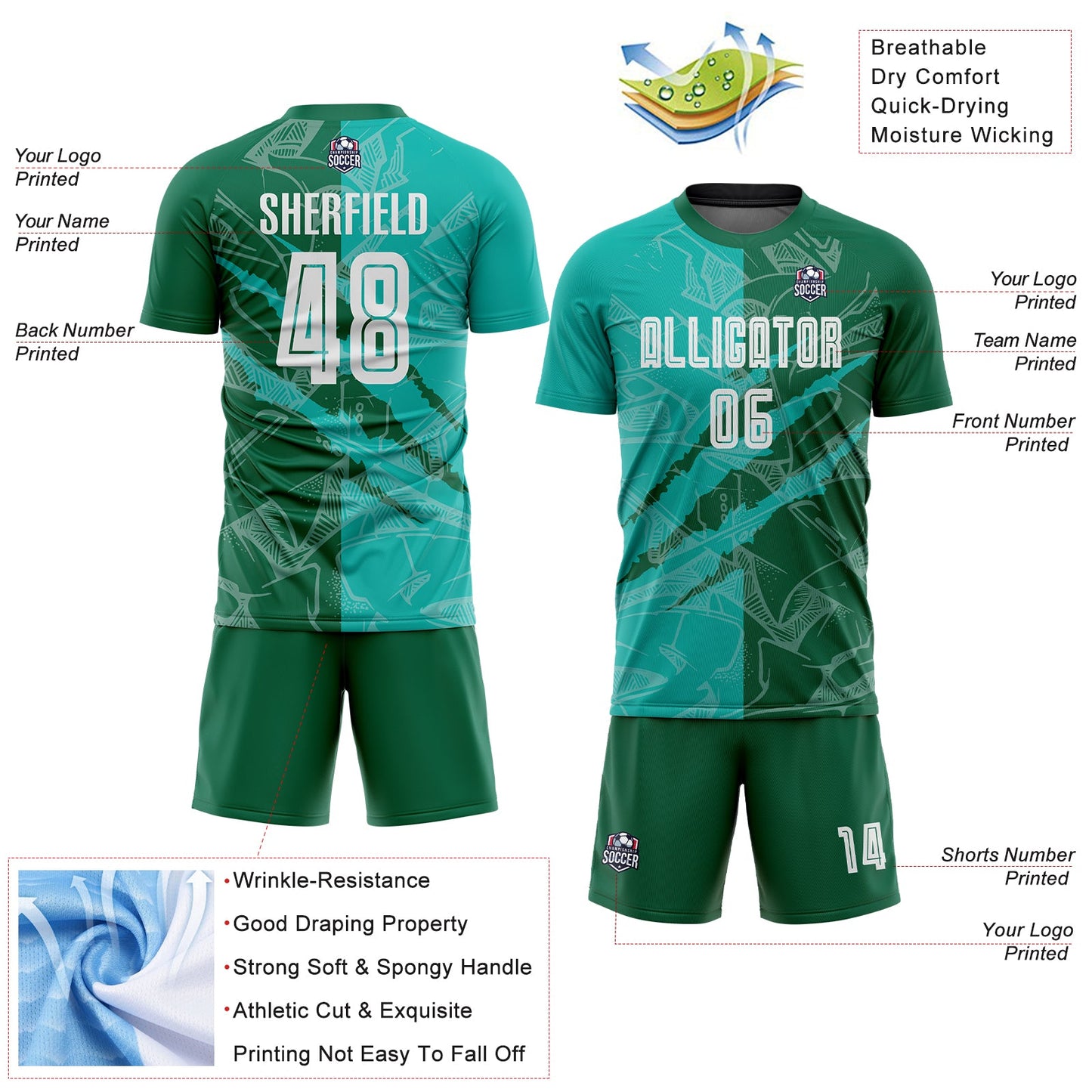 Custom Graffiti Pattern Aqua-Kelly Green Scratch Sublimation Soccer Uniform Jersey - Sky-Custom
