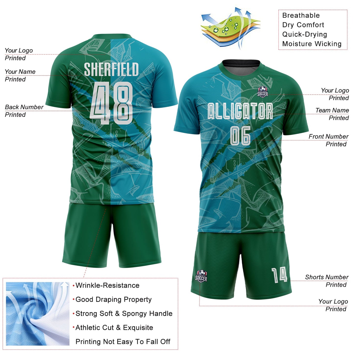 Custom Graffiti Pattern Teal-Kelly Green Scratch Sublimation Soccer Uniform Jersey - Sky-Custom