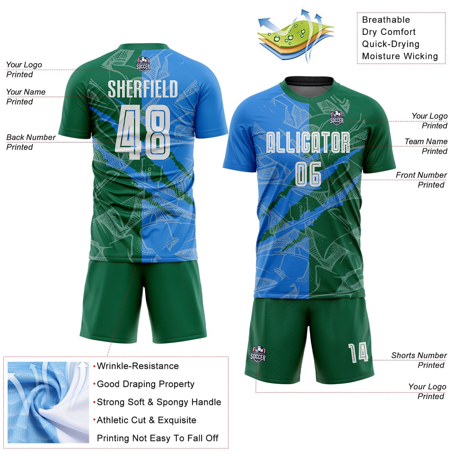 Custom Graffiti Pattern Powder Blue-Kelly Green Scratch Sublimation Soccer Uniform Jersey - Sky-Custom