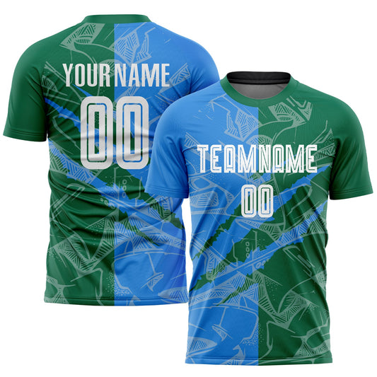 Custom Graffiti Pattern Powder Blue-Kelly Green Scratch Sublimation Soccer Uniform Jersey - Sky-Custom