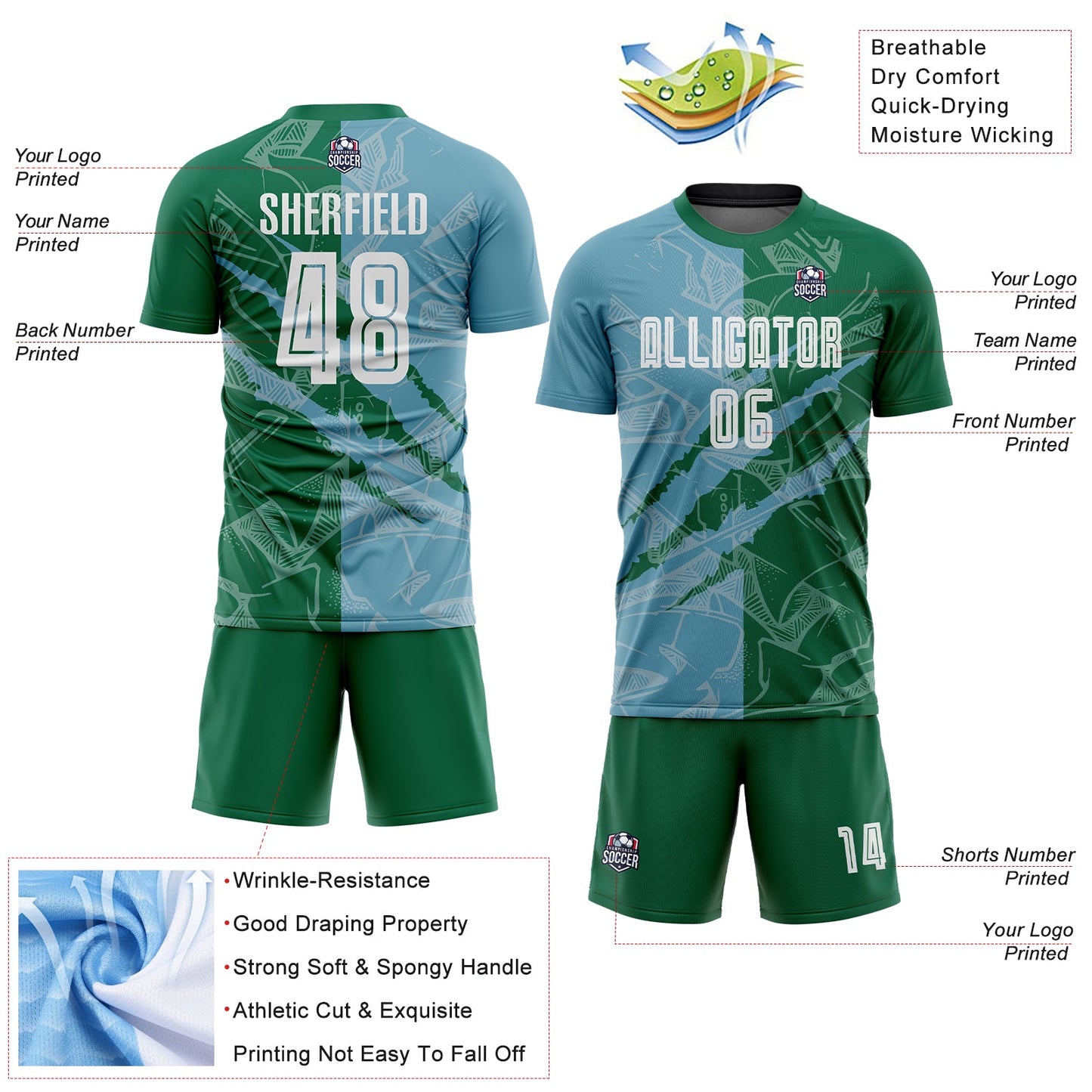 Custom Graffiti Pattern Shadow Blue-Kelly Green Scratch Sublimation Soccer Uniform Jersey - Sky-Custom