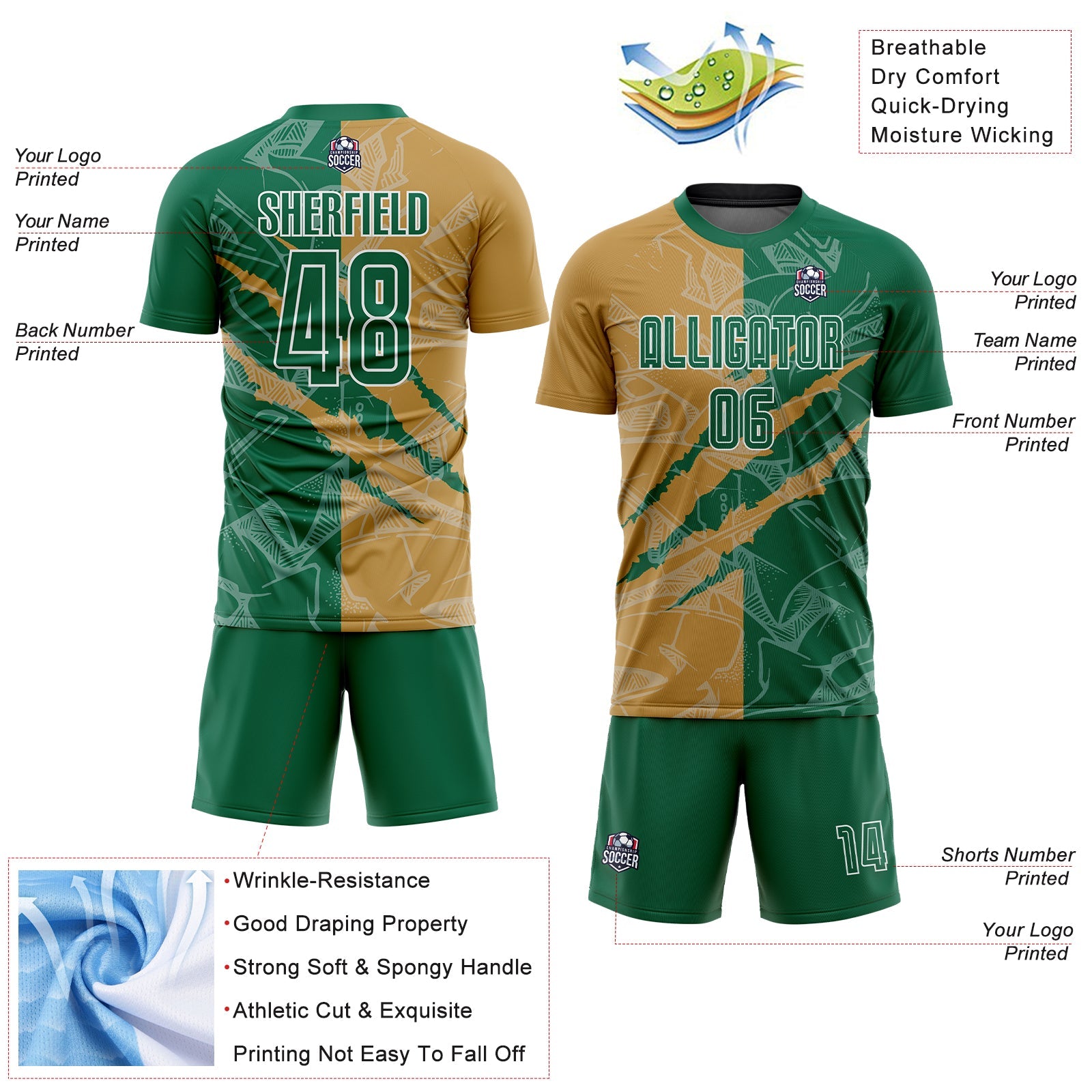 Custom Graffiti Pattern Kelly Green-Old Gold Scratch Sublimation Soccer Uniform Jersey - Sky-Custom