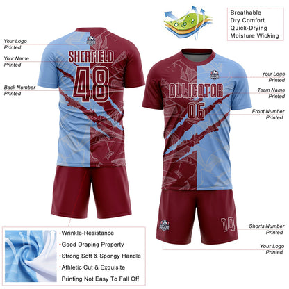 Custom Graffiti Pattern Crimson-Light Blue Scratch Sublimation Soccer Uniform Jersey - Sky-Custom