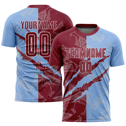 Custom Graffiti Pattern Crimson-Light Blue Scratch Sublimation Soccer Uniform Jersey - Sky-Custom